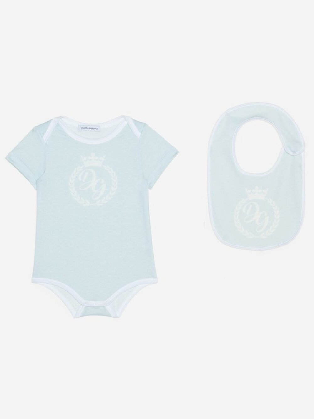 Dolce & Gabbana 2 Piece DG Print Onesie and Bib Gift Set in Light Blue Size 3-6M